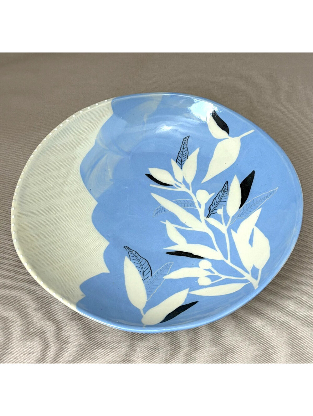 Agnew Studio Art Pottery Oval Bowl 10.5 Blue Botanicals Olive Branch Dish 2017